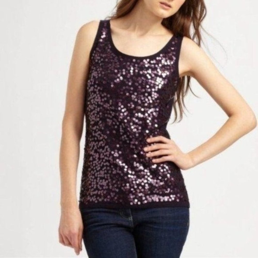 Eileen Fisher Purple Merino Wool Top M‎ Medoim Sequins Purple